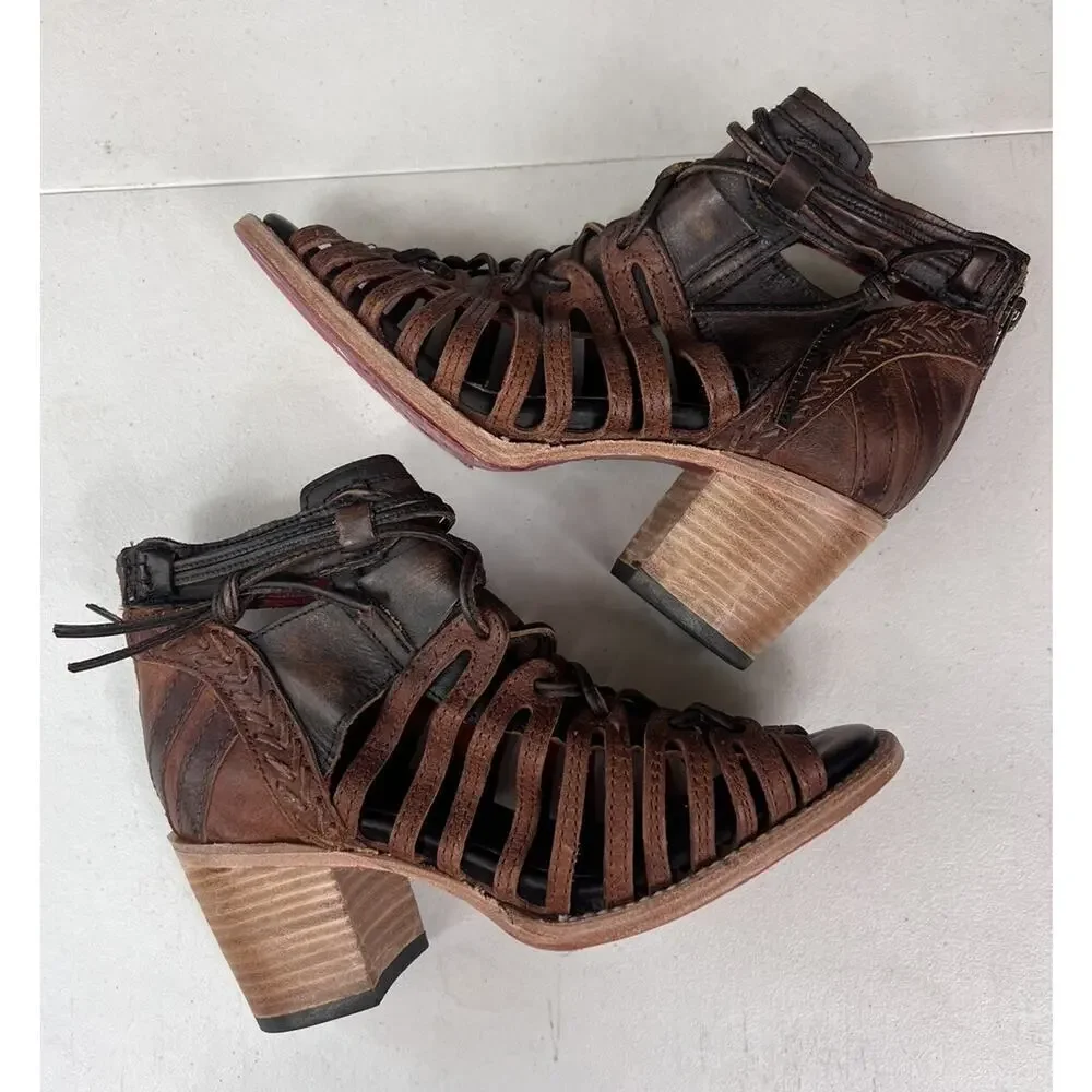 Freebird By Steven Wazee Leather Sandal Heel Booties Womens Size 7 Distressed - Picture 6 of 15